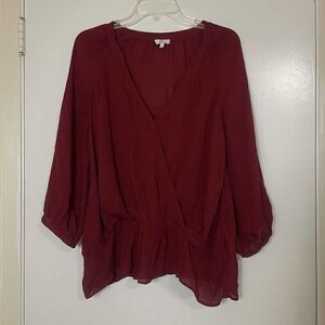 JOIE burgundy red Vneck Silk Chiffon overlap blouse size Small